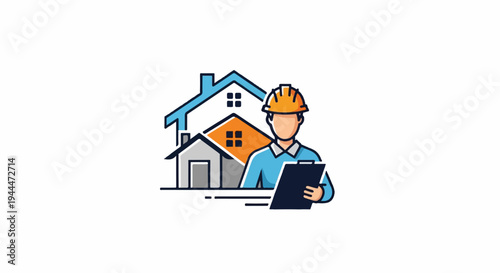 A cartoon figure of a builder with a clipboard stands before stylized houses