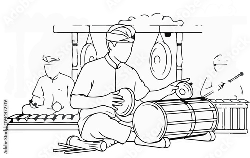 Musicians play traditional instruments in a rhythmic ensemble