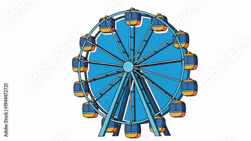 A cartoon Ferris wheel with blue and yellow carriages against a solid blue background