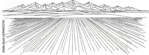 Mountain range panorama above a plain with converging lines
