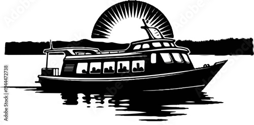 A passenger boat sails on calm water under a radiant sunburst over distant hills