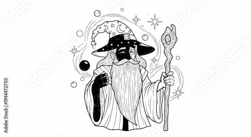 Mystical wizard with beard, star hat, staff, and orb, surrounded by magic
