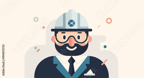 A cartoon engineer with a beard, glasses, and a hard hat