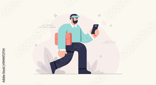 A man with a briefcase and VR headset checks his phone while walking