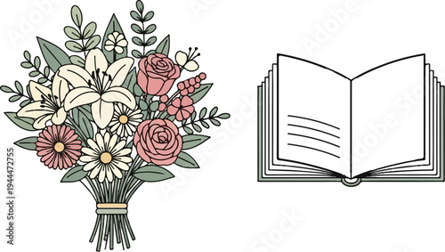 A pastel bouquet of flowers and an open book with lines