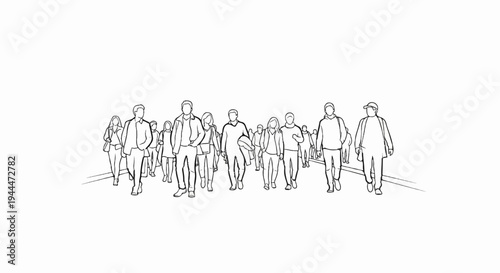 A diverse group of people walk together in a minimalist sketch