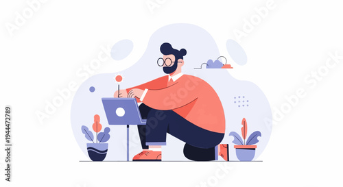 A man with glasses and beard working on a laptop in a stylized setting