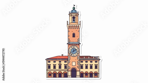 A cartoon depiction of an ornate Italian clock tower with attached buildings