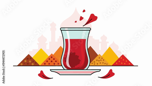 A glass of red tea with spices, mosque silhouettes, and falling petals