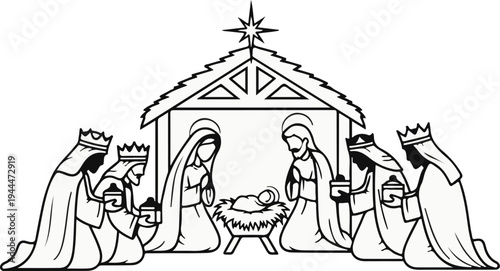 Nativity scene with holy family and three kings bearing gifts