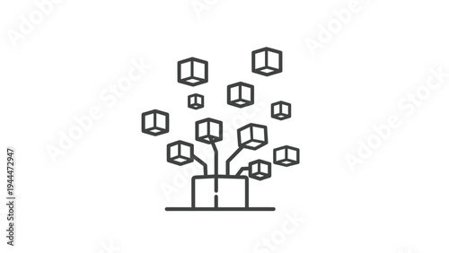 Abstract tree made of floating cubes symbolizing complex data growth, blockchain technology, or modular structure expansion.