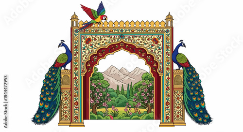 Ornate gateway frames lush garden view with peacocks and parrot