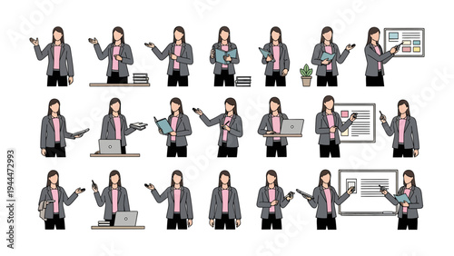 Businesswoman Collection: A comprehensive set of illustrations depicting a professional businesswoman in various poses and scenarios.