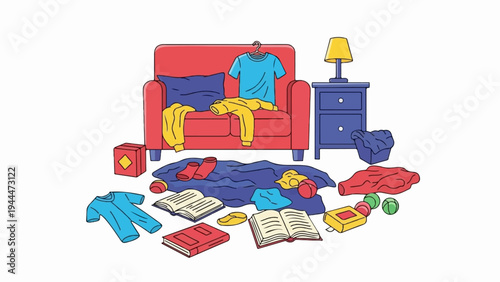 A messy room with clothes, books, and toys scattered around a couch