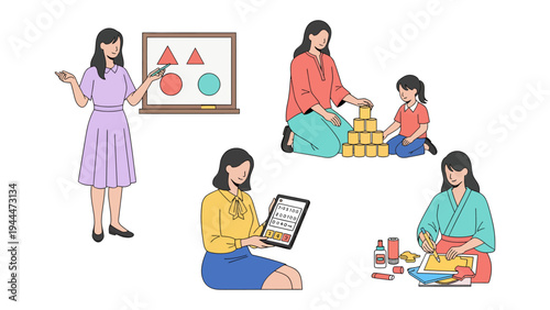 Early Education and Nurturing: Depicting a series of illustrations portraying various facets of early childhood education and care.
