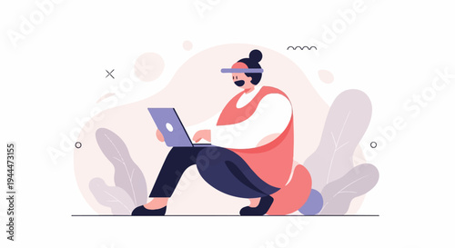 A person crouches while using a laptop amidst abstract shapes and stylized foliage