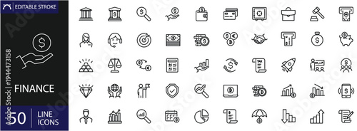 Finance icons set. Includes symbols of money, banking, investment, budgeting, financial growth, and payment transactions. Editable stroke. Vector illustration. Outline icons. Perfect for business.
