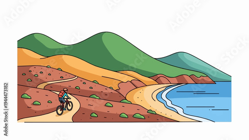 A person cycles along a coastal path with rolling hills and a blue ocean