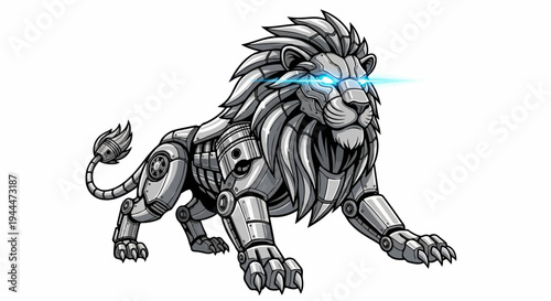 A metallic lion with bright blue laser eyes prowls on a white background