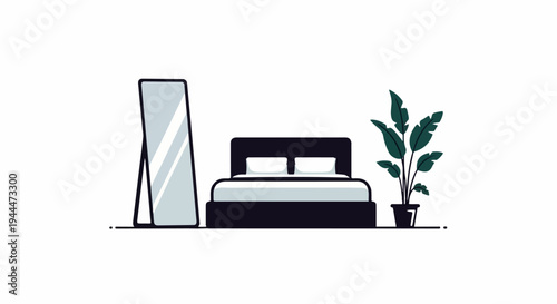 A minimalist bedroom scene with a full-length mirror, a bed, and a potted plant