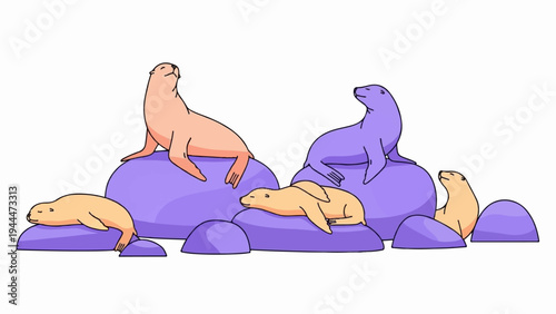 A playful group of stylized seals of various colors bask on purple rocks