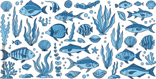 A playful collection of blue aquatic life and marine flora