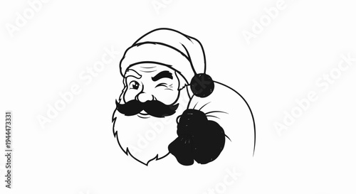 A playful, hand-drawn black and white sketch of Santa Claus winking
