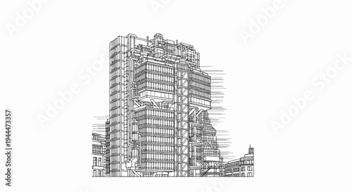 Ornate, angular high-rise building with visible steel framework and multiple levels