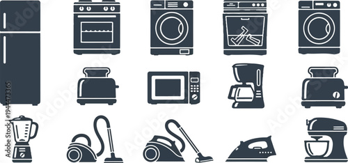 A collection of household appliance icons including a refrigerator and stove