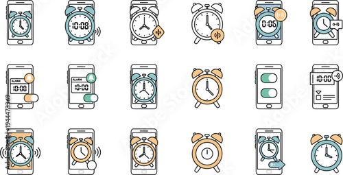 Mobile phone alarm clock and notification icon set featuring smartphone screens with wake up timers, digital alerts, and reminder symbols for app design.