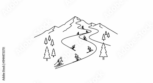 A minimalist black and white line drawing of skiers on a mountain slope