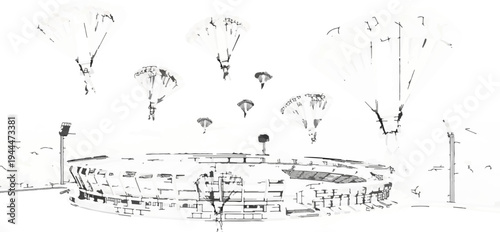 Parachutists descend upon a modern stadium during a dramatic daytime event