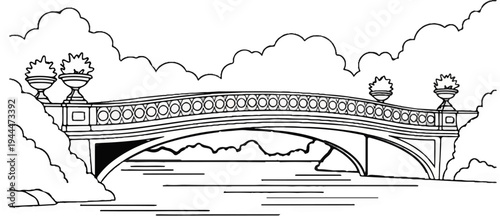 Ornate arched bridge spans water with decorative urns and clouds above