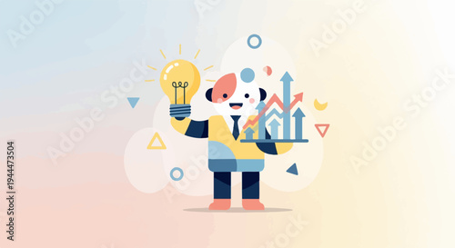A cartoon character in a suit holds a light bulb and a bar chart with rising arrows