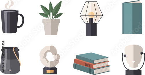 A collection of flat design icons coffee, plant, lamp, books, jug, award, stack, and headform