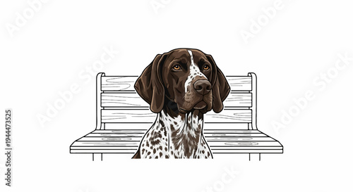A German Shorthaired Pointer sits on a wooden bench