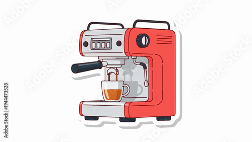 A red and gray espresso machine brews coffee into a cup