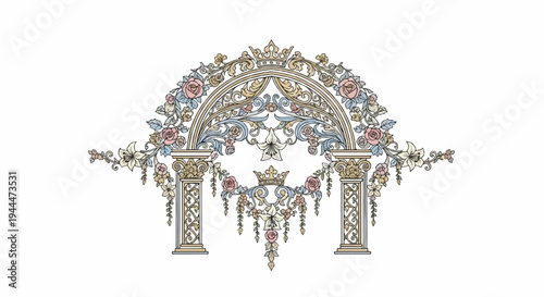 Ornate archway adorned with flowers and crowns, featuring classical columns