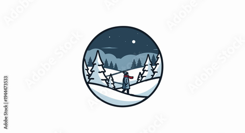 A person in a red scarf walks through a snowy forest at night