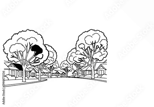 A drawing of a suburban street lined with houses and trees