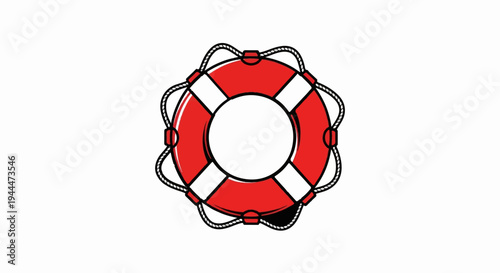 A red and white life preserver with ropes attached against a white background