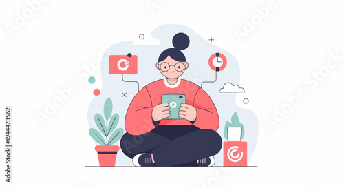 A person in a red sweater and dark pants sits cross-legged with a tablet