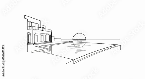 Modern architectural sketch of a villa with a pool and sunset over the ocean