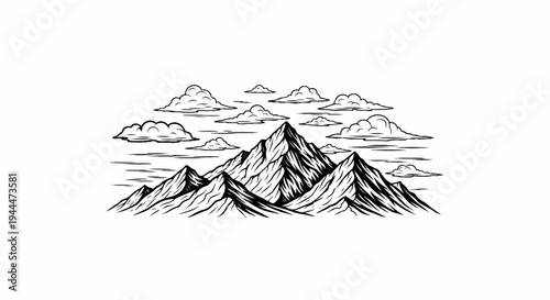 A dramatic, stylized illustration of jagged mountain peaks under a cloudy sky