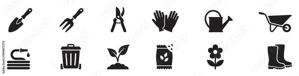 Fototapeta premium Gardening tools icon set. Flat vector icons of shovel, watering can, wheelbarrow, and garden accessories. Vector Illustration.