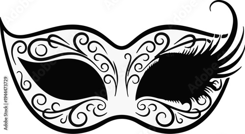 Ornate black and white masquerade mask with feather accent