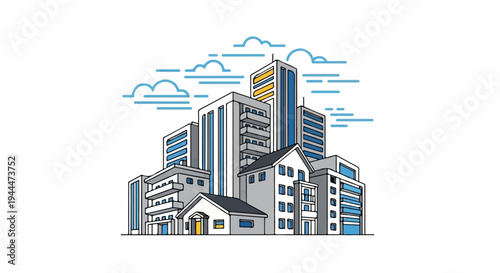 Modern city skyline illustration with varying building heights under abstract clouds