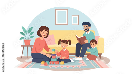 Family Reading Together in Living Room.