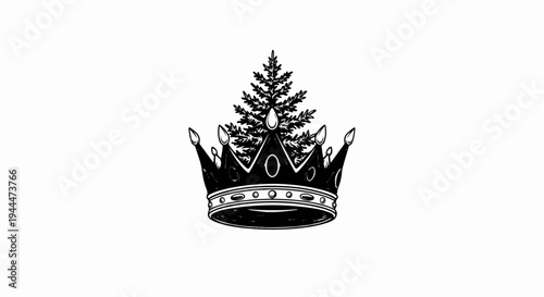 Ornate black crown adorned with a lush green evergreen tree on white