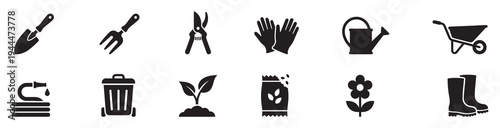 Gardening tools icon set. Flat vector icons of shovel, watering can, wheelbarrow, and garden accessories. Vector Illustration.